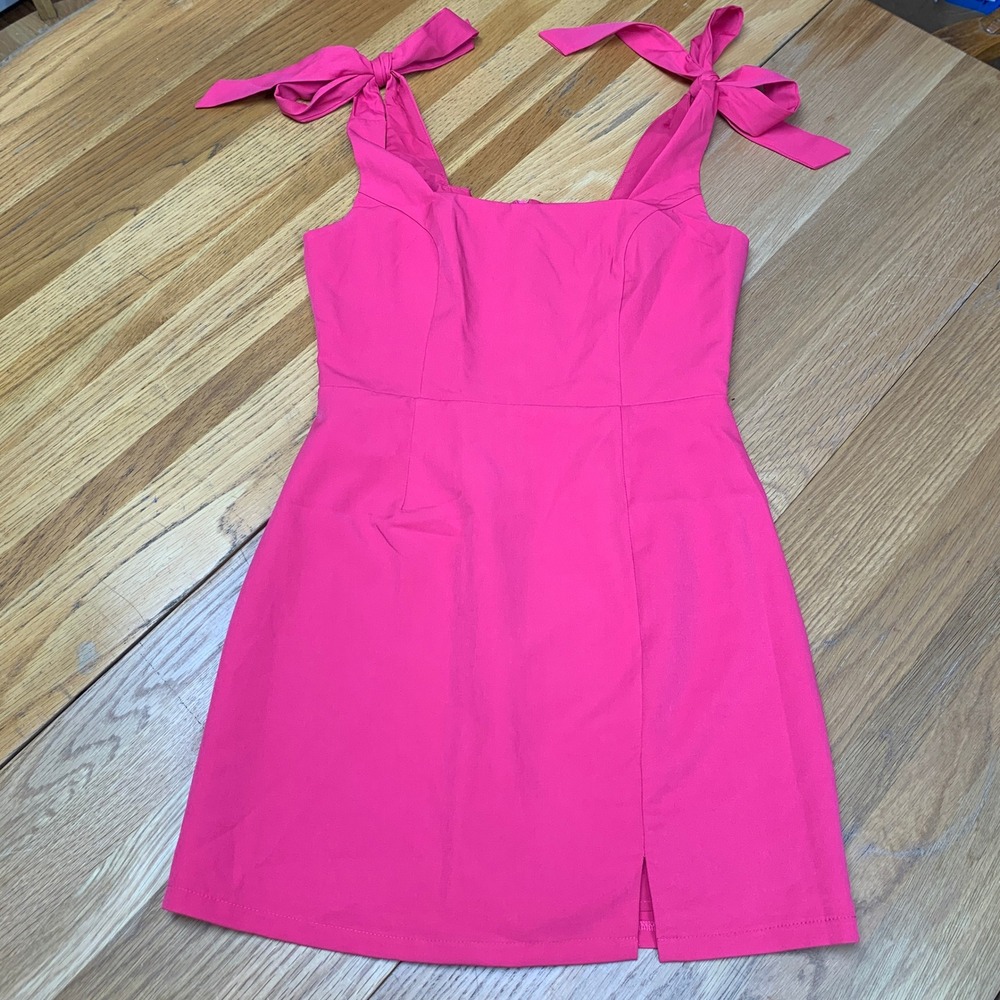 Lulus Hot Pink Tie-Strap Mini Dress 4D0818 Square‎ Neck Front Slit Size Small